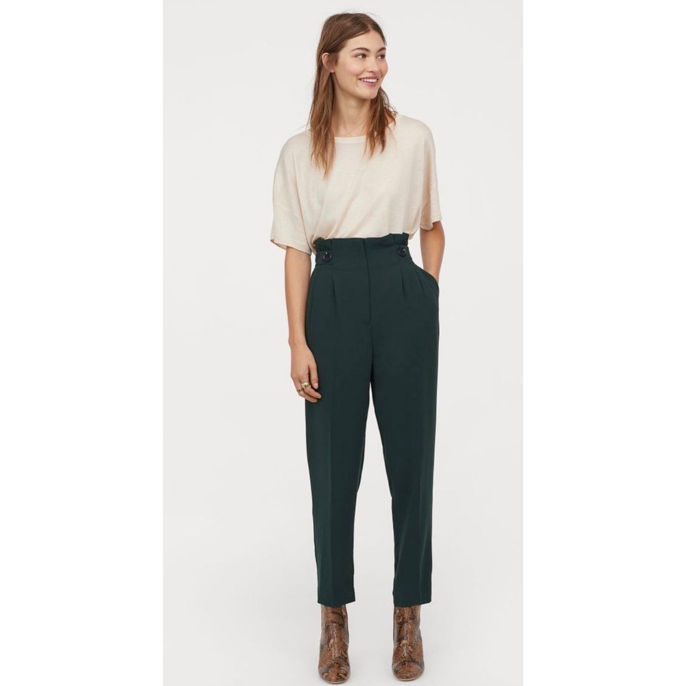 HM Womens High Waisted Pleated Tapered Trousers Forest Green Size 10 Ankle Pants
